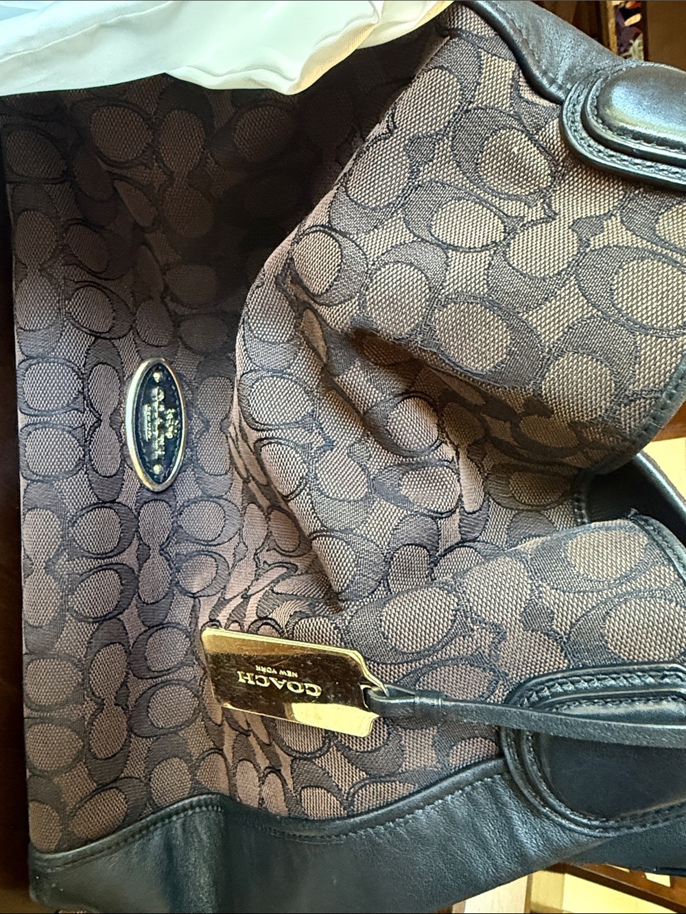 Coach Brown Signature Jacquard Tote with Black Leather Trim and Gold Plaque